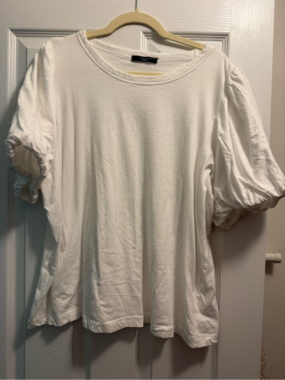T Tahari White Puff-Sleeve Crewneck Tee